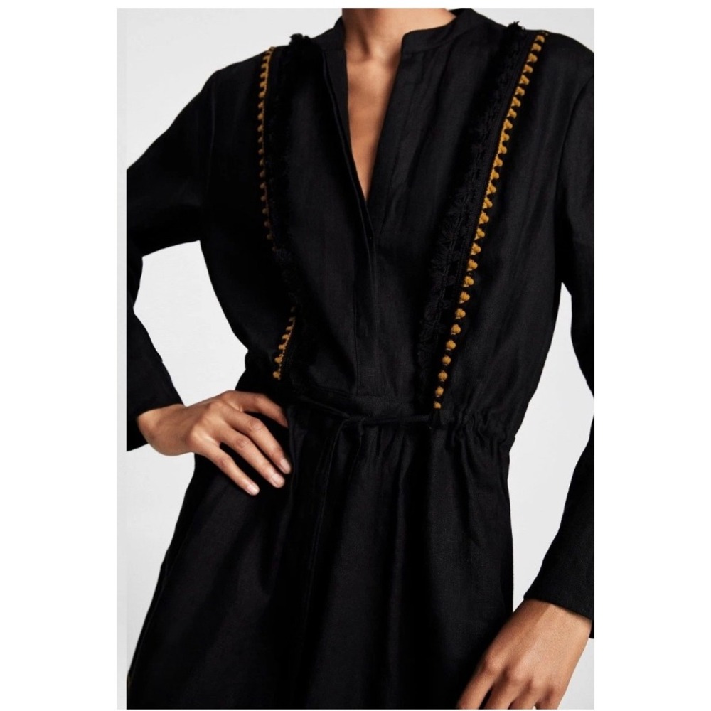 Zara Woman 100% Linen Long Sleeve Tunic Dress Adjustable Waist Pom Pom‎ S Black